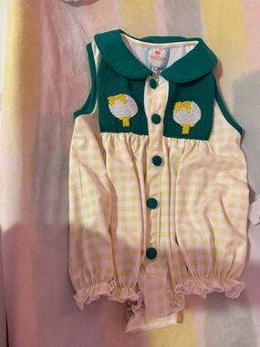 Green Collar Yellow Gingham Baby Romper with Floral Embroidery
